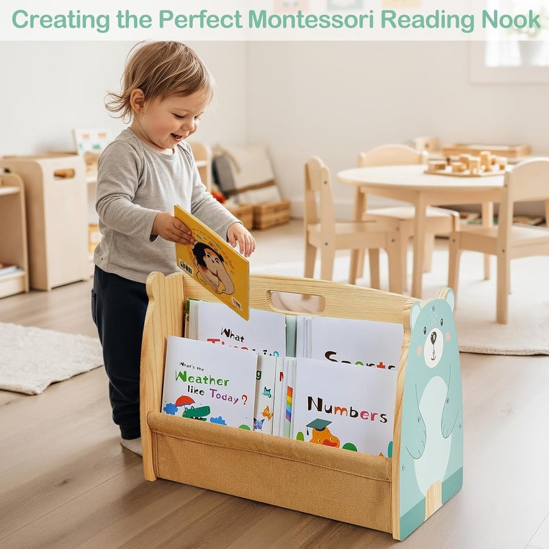 SheSeek Toddler Bookshelf Double-Sided with 4 Tier Deep Sleeves Kids Wooden Montessori Book Rack for Baby Nursery Room, Playroom, Classroom or Bedroom Bookcase Storage Organizer, Green Bear - Image 5